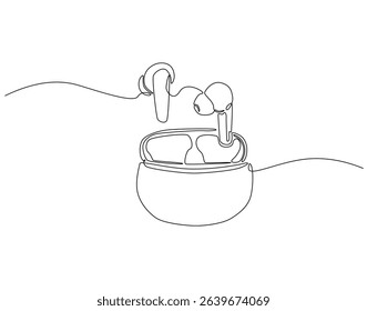 Continuous one line drawing of earphone. One line drawing illustration of wireless vaccum earphone. Fitness equipment, head accessory concept single line. Editable outline