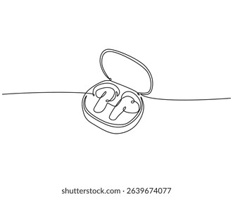 Continuous one line drawing of earphone. One line drawing illustration of wireless vaccum earphone. Fitness equipment, head accessory concept single line. Editable outline