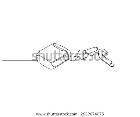 Continuous one line drawing of earphone. One line drawing illustration of wireless vaccum earphone. Fitness equipment, head accessory concept single line. Editable outline