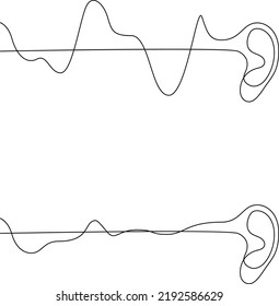 Continuous one line drawing of ears with adiowaves. Hearing loss concept. Comparison of normal and weak hearing. Single line draw design vector illustration.