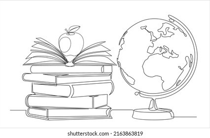 Continuous one line drawing of earth globe, books stack and apple vector design on white background. Isolated simple line modern graphic style. Hand drawn graphic concept for education.