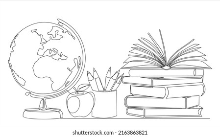 Dibujo continuo de una línea del globo terrestre, pila de libros, lápices y diseño vectorial de manzanas sobre fondo blanco. Línea simple aislada estilo gráfico moderno. Concepto gráfico dibujado a mano para la educación.