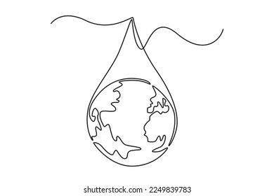 Continuous one line drawing earth in water droplets. World water day concept. Single line draw design vector graphic illustration.