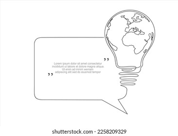 Continuous one line drawing of Earth globe inside lightbulb and speech bubble. Concept of Eco innovation, idea of green energy and global solution with electricity in simple doodle style.