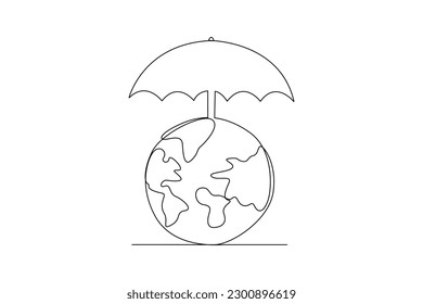 Continuous one line drawing earth and umbrella. World environment day concept. Single line draw design vector graphic illustration.