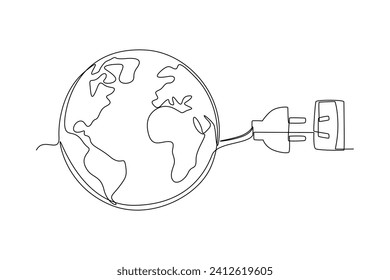 Continuous one line drawing  Earth Hour concept. Doodle vector illustration.