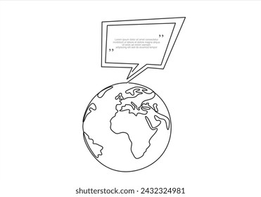Continuous one line drawing of Earth globe and speech bubble. Trendy line art vector on a white background. World communication sign. Internet marketing symbol.