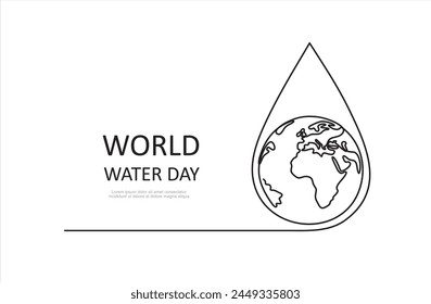 Continuous one line drawing earth in water droplets. World water day concept. Single line draw design vector graphic illustration.