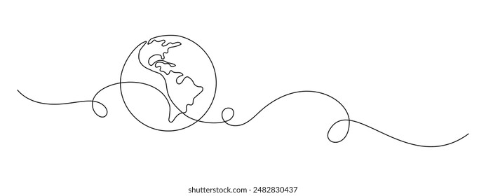 Dibujo continuo de una línea de globo terrestre con arte floreciente. Mapa del mundo y concepto de viaje en estilo lineal simple. Viaje internacional en trazo editable. Ilustración vectorial monolínea