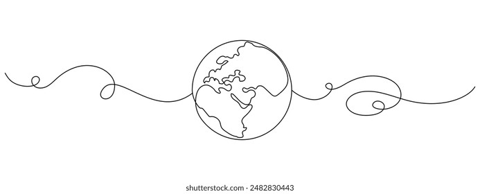 Continuous one line drawing of earth globe with flourish art. World map and travel concept in simple linear style. International trip in editable stroke. Doodle vector illustration