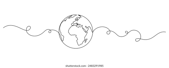 Continuous one line drawing of earth globe with flourish art. World map and travel concept in simple linear style. International trip in editable stroke. Doodle oneline vector illustration