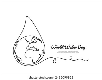 Continuous one line drawing earth in water droplets. World water day concept. Single line draw design vector graphic illustration.