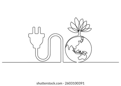 Continuous one line drawing of Earth with electric plug in. Single line drawing illustration of Plug in with earth. Go green energy concept vector art. Doodle line illustration.