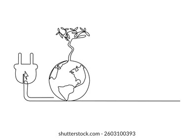 Continuous one line drawing of Earth with electric plug in. Single line drawing illustration of Plug in with earth. Go green energy concept vector art. Doodle line illustration.