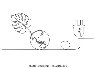 Continuous one line drawing of Earth with electric plug in. Single line drawing illustration of Plug in with earth. Go green energy concept vector art. Doodle line illustration.