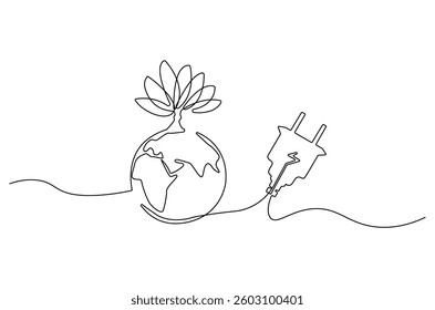Continuous one line drawing of Earth with electric plug in. Single line drawing illustration of Plug in with earth. Go green energy concept vector art. Doodle line illustration.