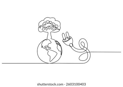Continuous one line drawing of Earth with electric plug in. Single line drawing illustration of Plug in with earth. Go green energy concept vector art. Doodle line illustration.