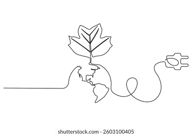 Continuous one line drawing of Earth with electric plug in. Single line drawing illustration of Plug in with earth. Go green energy concept vector art. Doodle line illustration.