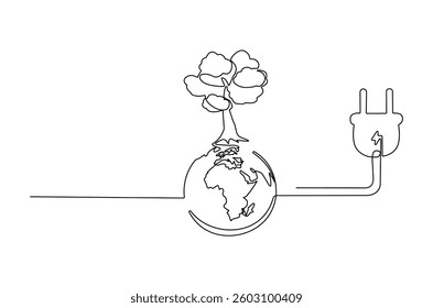 Continuous one line drawing of Earth with electric plug in. Single line drawing illustration of Plug in with earth. Go green energy concept vector art. Doodle line illustration.