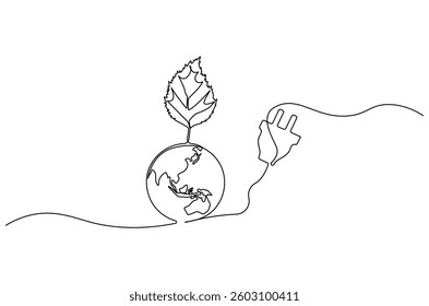 Continuous one line drawing of Earth with electric plug in. Single line drawing illustration of Plug in with earth. Go green energy concept vector art. Doodle line illustration.