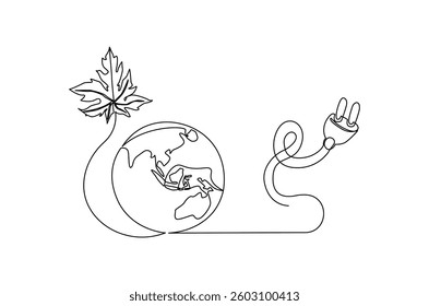 Continuous one line drawing of Earth with electric plug in. Single line drawing illustration of Plug in with earth. Go green energy concept vector art. Doodle line illustration.