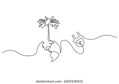 Continuous one line drawing of Earth with electric plug in. Single line drawing illustration of Plug in with earth. Go green energy concept vector art. Doodle line illustration.