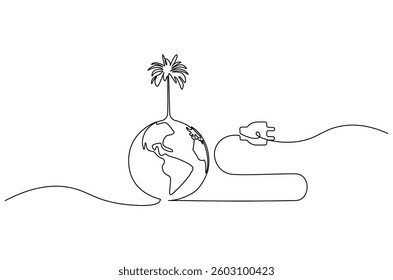 Continuous one line drawing of Earth with electric plug in. Single line drawing illustration of Plug in with earth. Go green energy concept vector art. Doodle line illustration.
