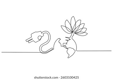 Continuous one line drawing of Earth with electric plug in. Single line drawing illustration of Plug in with earth. Go green energy concept vector art. Doodle line illustration.