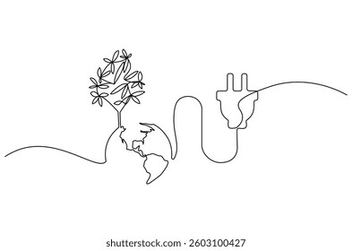Continuous one line drawing of Earth with electric plug in. Single line drawing illustration of Plug in with earth. Go green energy concept vector art. Doodle line illustration.