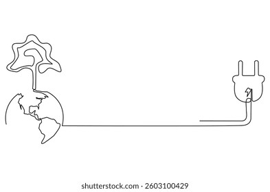 Continuous one line drawing of Earth with electric plug in. Single line drawing illustration of Plug in with earth. Go green energy concept vector art. Doodle line illustration.