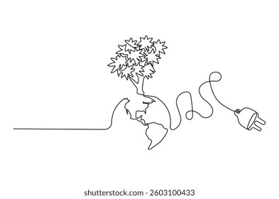 Continuous one line drawing of Earth with electric plug in. Single line drawing illustration of Plug in with earth. Go green energy concept vector art. Doodle line illustration.