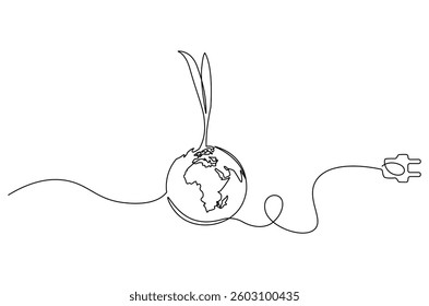 Continuous one line drawing of Earth with electric plug in. Single line drawing illustration of Plug in with earth. Go green energy concept vector art. Doodle line illustration.