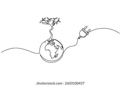 Continuous one line drawing of Earth with electric plug in. Single line drawing illustration of Plug in with earth. Go green energy concept vector art. Doodle line illustration.