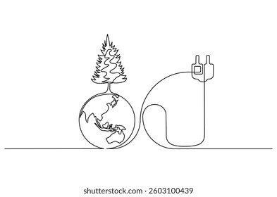 Continuous one line drawing of Earth with electric plug in. Single line drawing illustration of Plug in with earth. Go green energy concept vector art. Doodle line illustration.