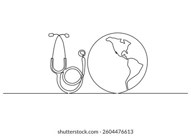 Continuous one line drawing of Earth with stethoscope. Single line drawing illustration of stethoscope attached to globe. World Health Day concept vector art. Doodle line illustration.