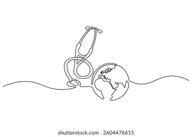 Continuous one line drawing of Earth with stethoscope. Single line drawing illustration of stethoscope attached to globe. World Health Day concept vector art. Doodle line illustration.
