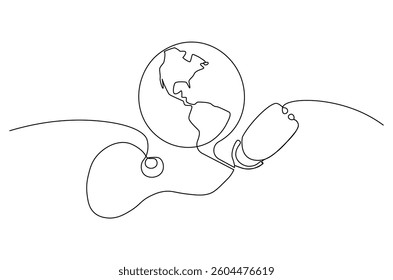 Continuous one line drawing of Earth with stethoscope. Single line drawing illustration of stethoscope attached to globe. World Health Day concept vector art. Doodle line illustration.