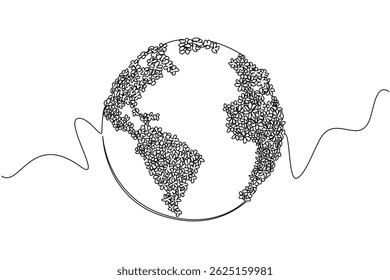 Continuous one line drawing earth with its land in the form of a series of flowers. Beautiful land full of flowers. Arousing atmosphere of love. Flower Day. Single line draw design vector illustration