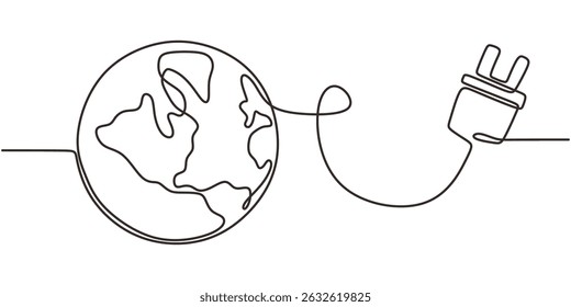 Continuous One Line Drawing Earth Plug. Renewable Energy Global Power. Eco Friendly.