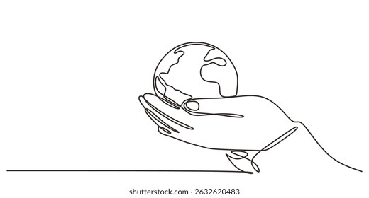 Uma Linha Contínua Desenhando a Terra à Mão. Global Care Salve o Mundo. Conceito de Planeta Ambiental.