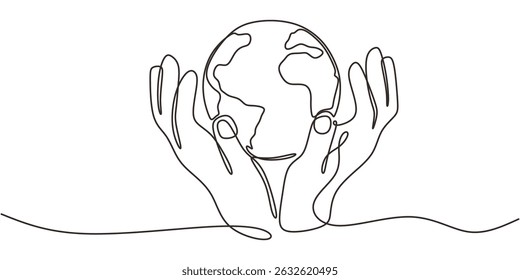 Uma linha contínua desenhando a terra em duas mãos. Responsabilidade global Salve o Planeta. Ecologia World Care.