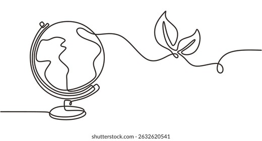 Continuous One Line Drawing Earth Globe Plant. Global Environment Conservation. World Nature.