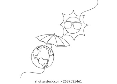 Continuous one line drawing the earth uses an umbrella and the sun uses glasses. Protect from very strong ultraviolet rays. National Heat Awareness Day. Single line draw design vector illustration