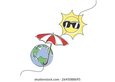 Uma linha contínua desenhando a terra usa um guarda-chuva e o sol usa óculos. Proteger dos raios ultravioleta muito fortes. Dia Nacional de Sensibilização para o Calor. Ilustração de vetor de design de desenho de linha única