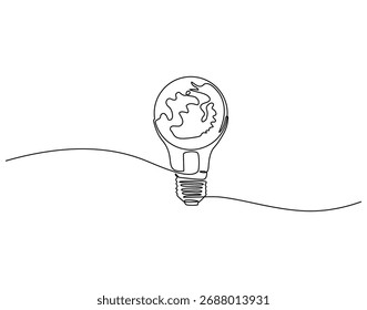 Dibujo continuo de una línea de globo de tierra dentro de la bombilla. Ilustración de dibujo de una línea de tierra y mezcla de bombilla de lámpara. Idea y concepto de innovación de una sola línea. Esquema editable