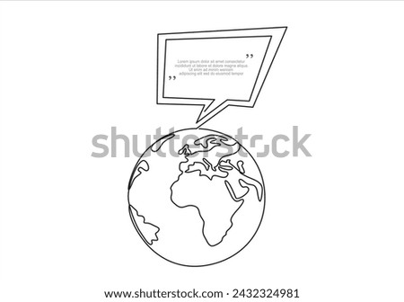 Continuous one line drawing of Earth globe and speech bubble. Trendy line art vector on a white background. World communication sign. Internet marketing symbol.
