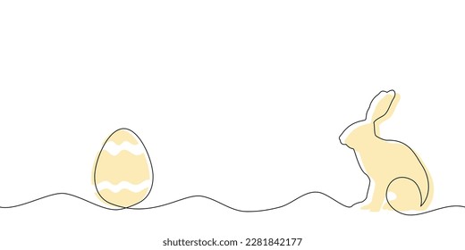 Kontinuierliche Zeichnung der Ostersonne. Kleines Kaninchen und Osterei. Hintergrund für die Frühjahrs-Design-Grußkarte. Silhouette eines süßen Hasen in einem einfachen minimalistischen Stil. Vektorgrafik.