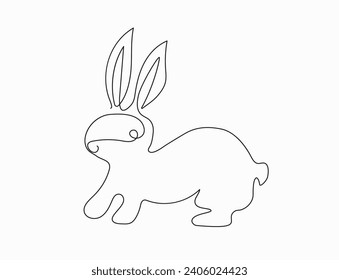 Continuous one line drawing of the Easter hare,  rabbit, bunny. Animal, sketch. Cute silhouette of a bunny with ears in a simple minimalist style. Graphic print. Spring greeting card and web banner.