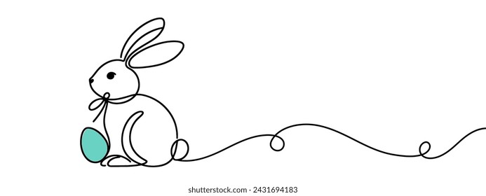 Continuous one line drawing of Easter Bunny. Cute rabbit silhouette with ears in simple minimalistic style for spring design greeting card and web banner. Editable stroke. Linear Vector illustration