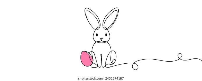 Continuous one line drawing of Easter Bunny. Cute rabbit silhouette with ears in simple minimalistic style for spring design greeting card and web banner. Editable stroke. Linear Vector illustration